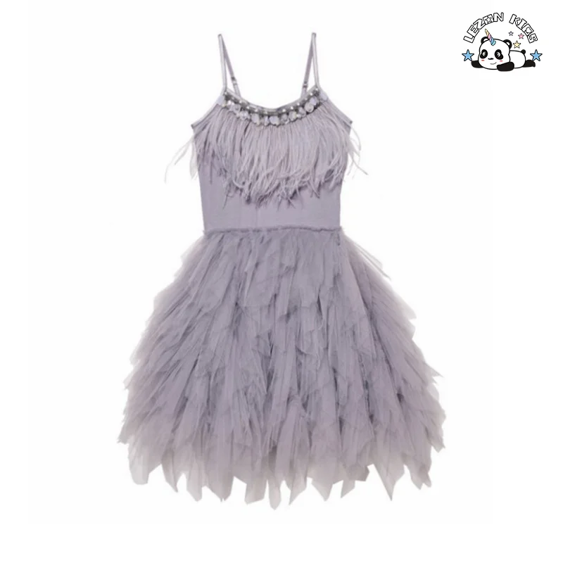 LEZONKIDS - OEM Girls Bead Goose Feather Pink Dress Kids Ballet Performance Party Dress Evening Party Princess Dress for Kids